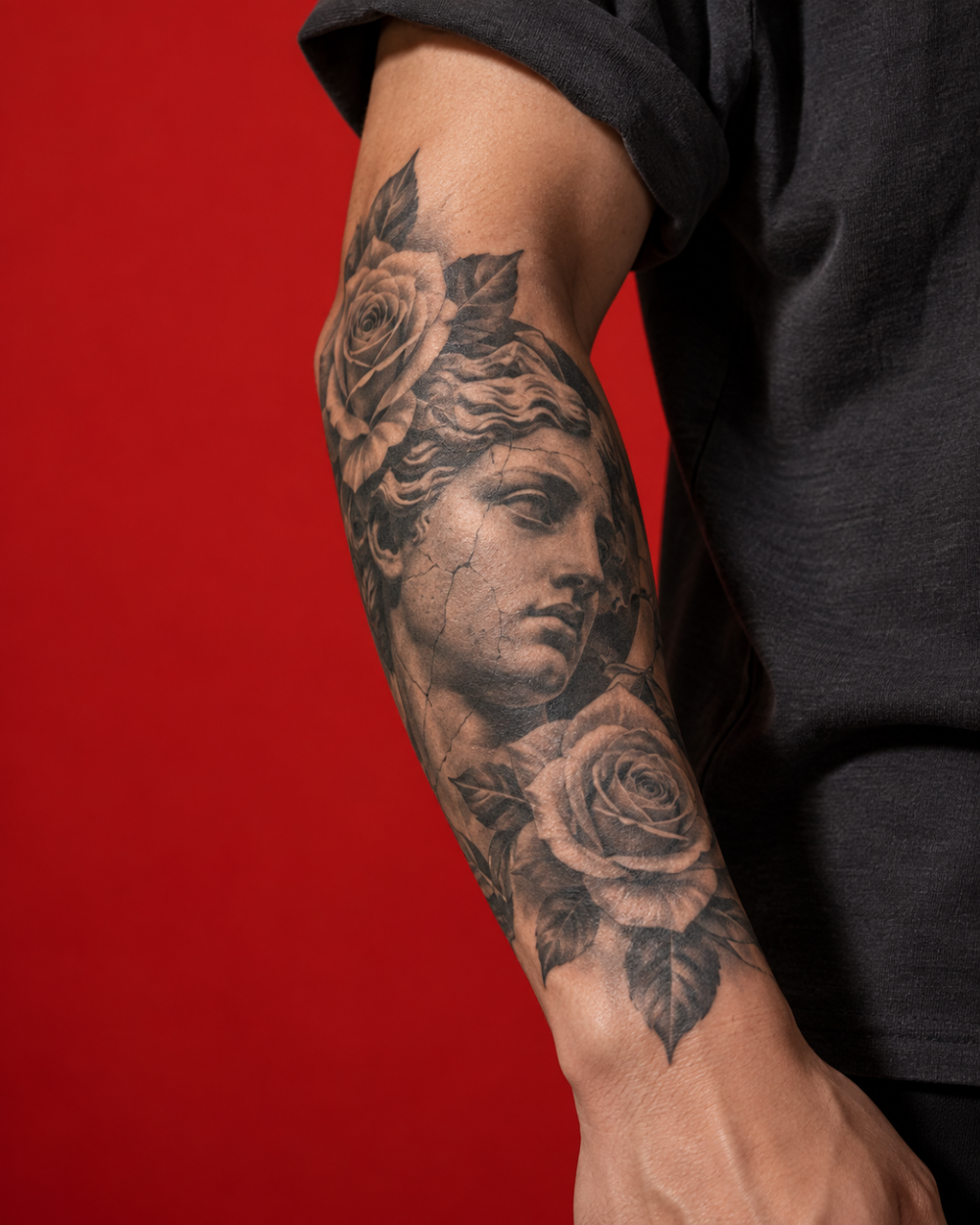 Tatuaje Black and Grey de escultura clásica y rosas en el brazo