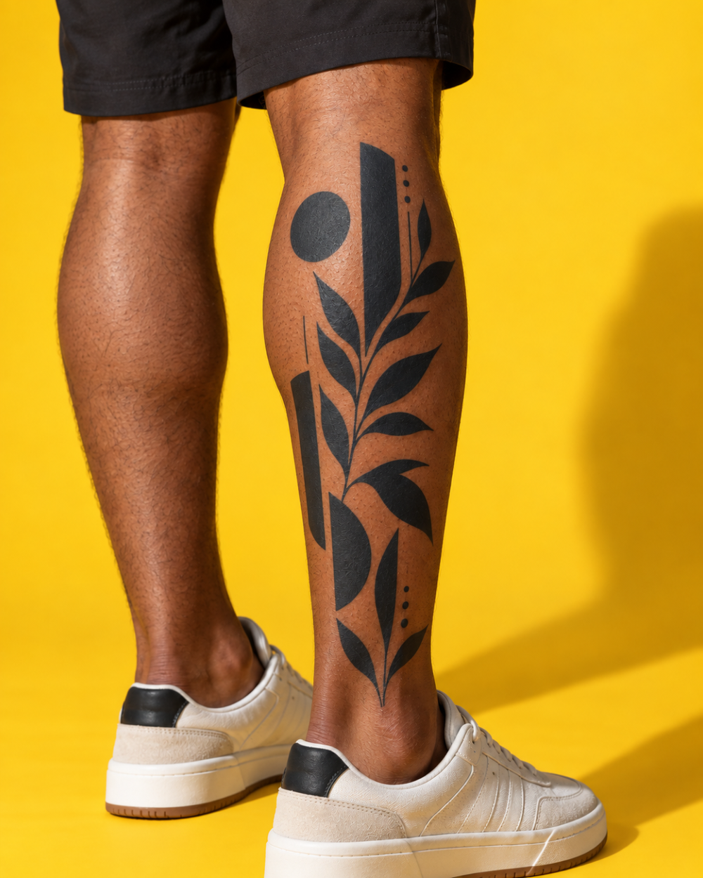 Tatuaje Blackwork de diseño botánico en negro sobre la pierna