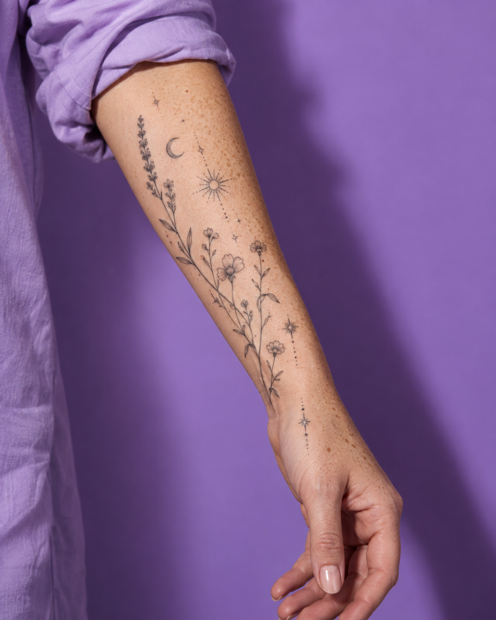 Tatuaje Fine Line de flores, luna y detalles finos en el antebrazo