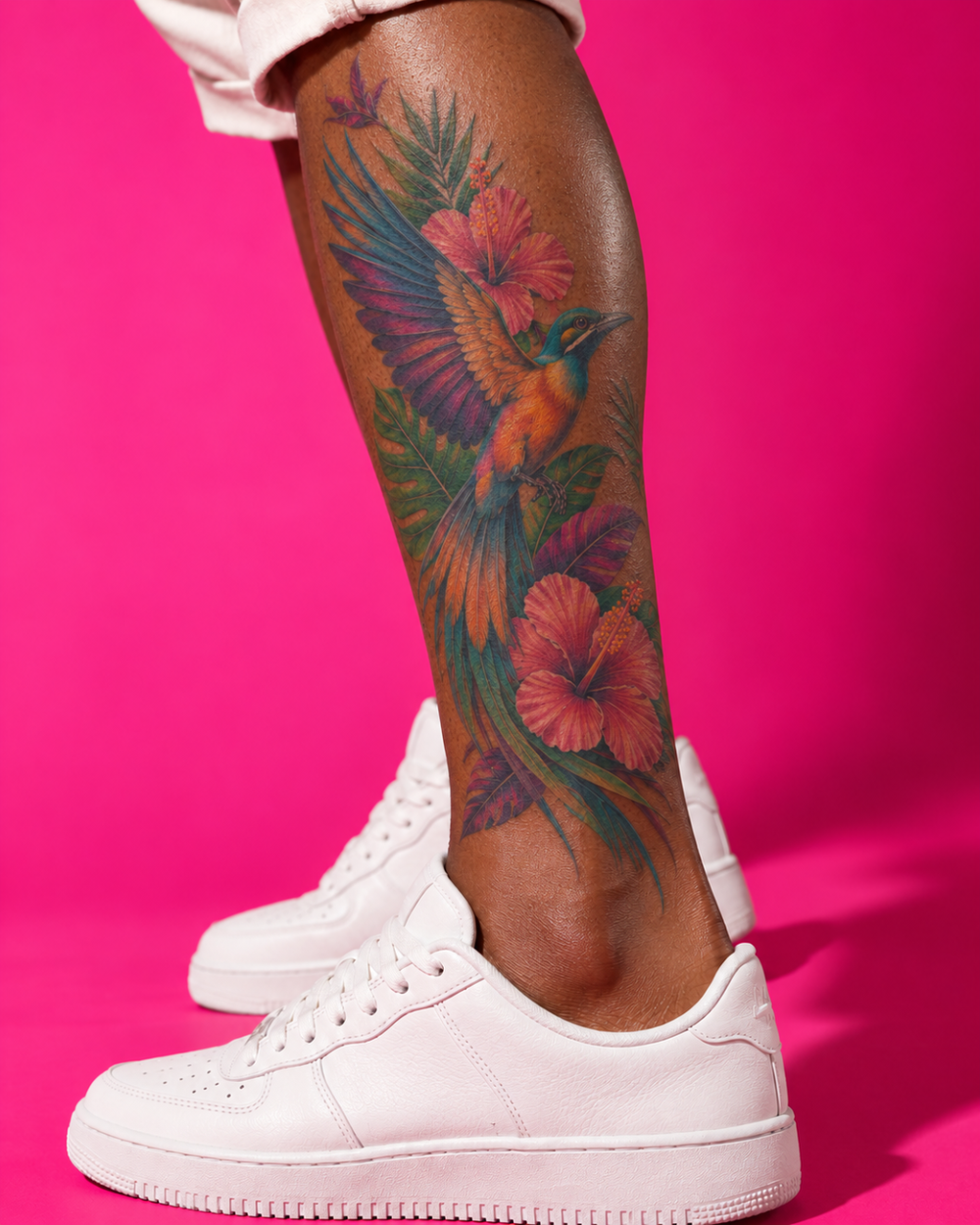 Tatuaje Full Color de ave y flores con colores intensos en la pierna