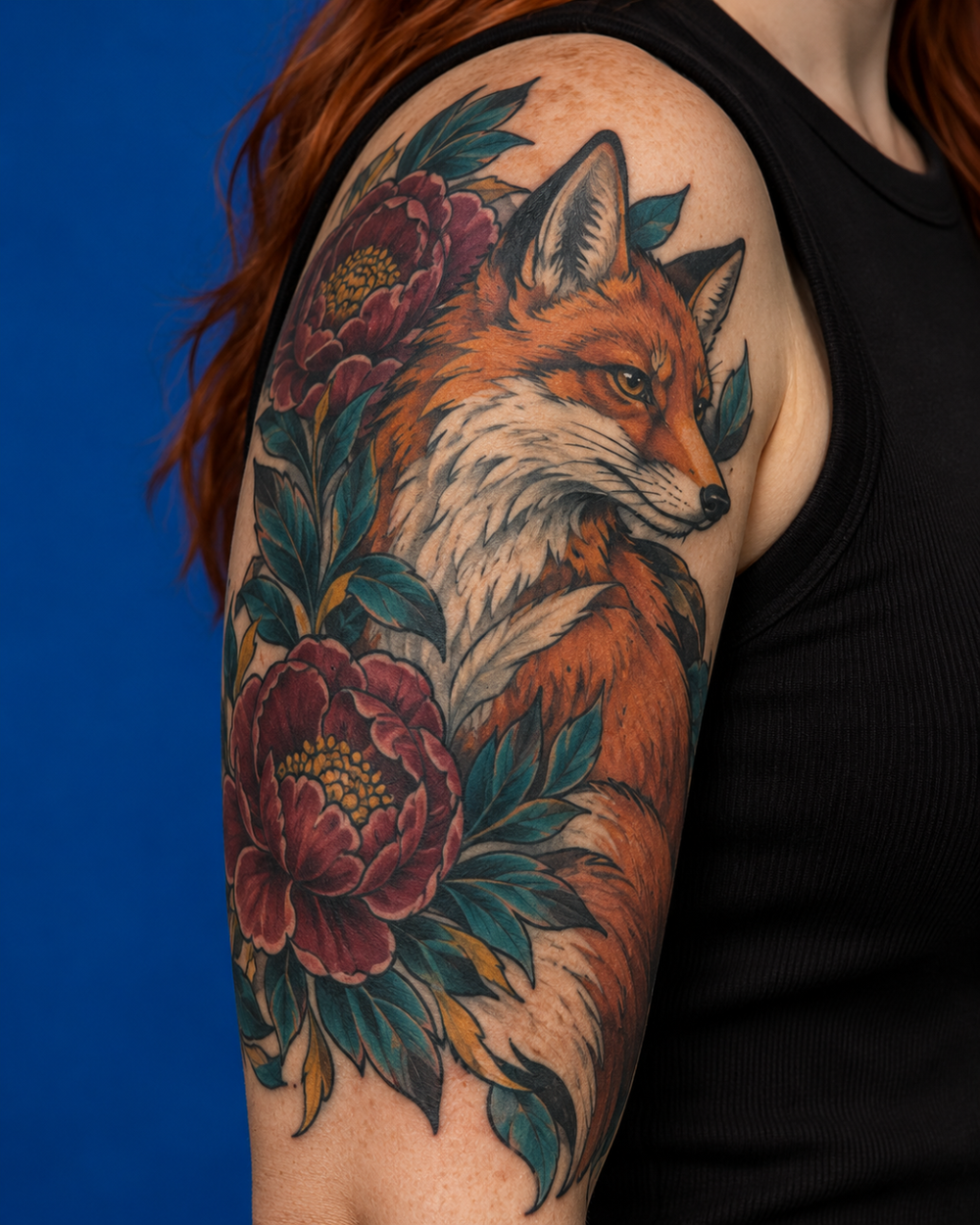 Tatuaje estilo Neo Traditional de zorro y flores a color en el brazo