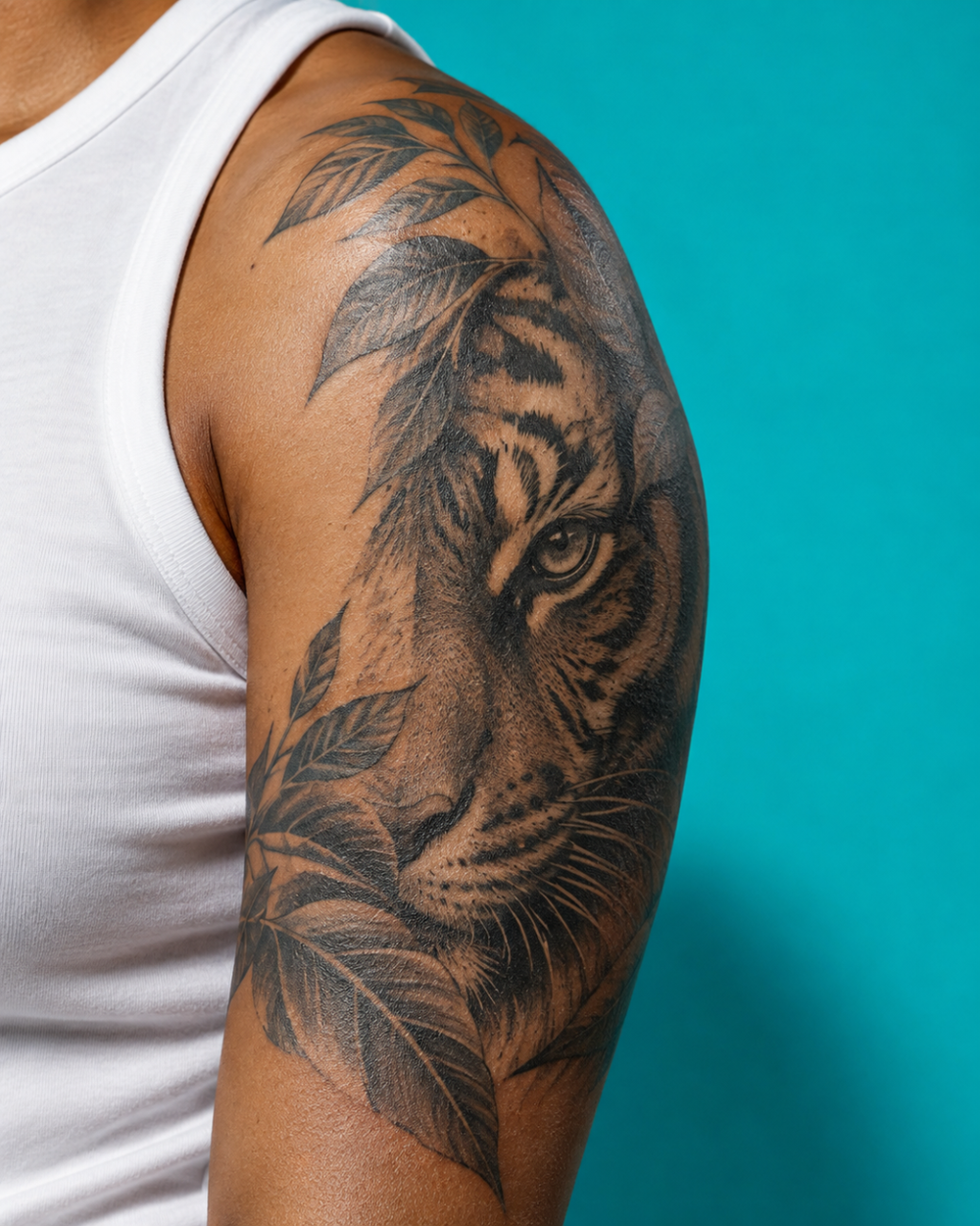 Tatuaje estilo realismo de tigre en negro y gris sobre el brazo